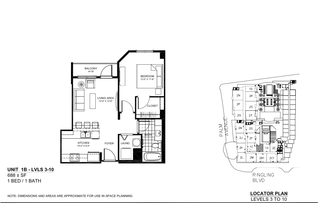 Floor plan for 1 bed, 1 bath, 680 sqft